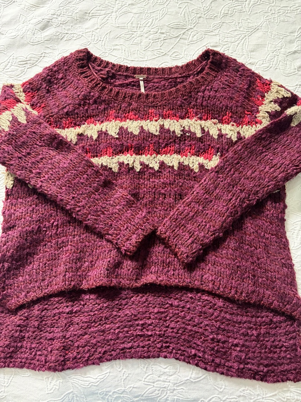 Free People Plum Crewneck Sweater with Cream & Coral Accents small